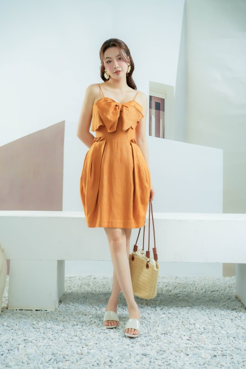 Sixdo Dark Yellow Strappy Mini Linen Dress